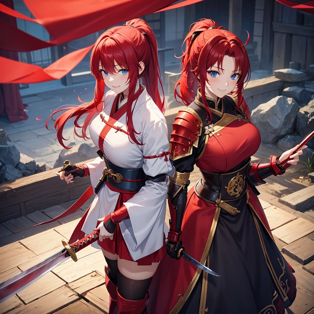 （masterpiece）、high resolution、21-year-old beauty、Red hair in a ponytail、blue eyes、female knight in red armor、An inappropriate smile、Holding a Japanese sword、With a big wolf by his side。