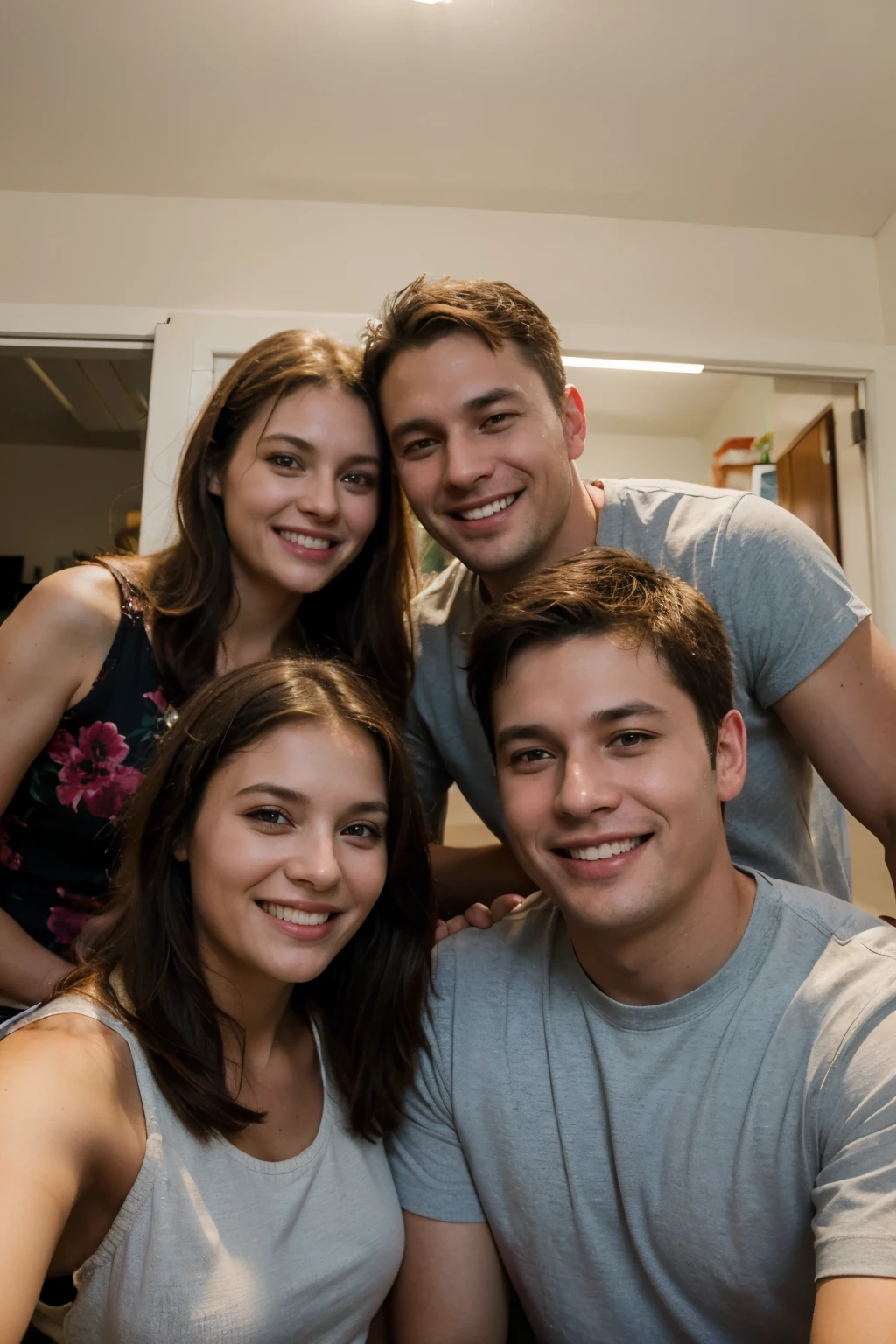 Family portrait, beautiful 37 years old wife and 44 years old handsome dad with a 20yrs old age daughter, and 19years old boy, happy, laughing, smiling