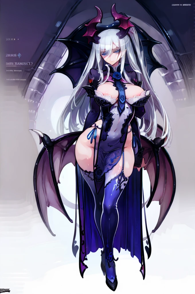 (((1 demoness))), ((detailed blue eyes)), ((long silver hair)), large breasts, curvy hips, perfectly drawn body, seductive, white lingerie, adorned with blue roses, best quality, masterpiece, ultra-detailed