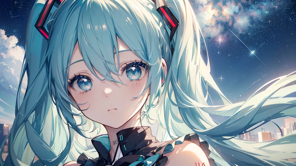 (Starry Sky), ((Beautiful eyes)), (((Hatsune Miku))), (((Highest quality、masterpiece、Ultra-fine、Ultra-fine、Exquisite、16K、Full HD,))) 、Long eyelashes、White skin、(thin and long)、 ((cute)) ((One person)),Zoom out