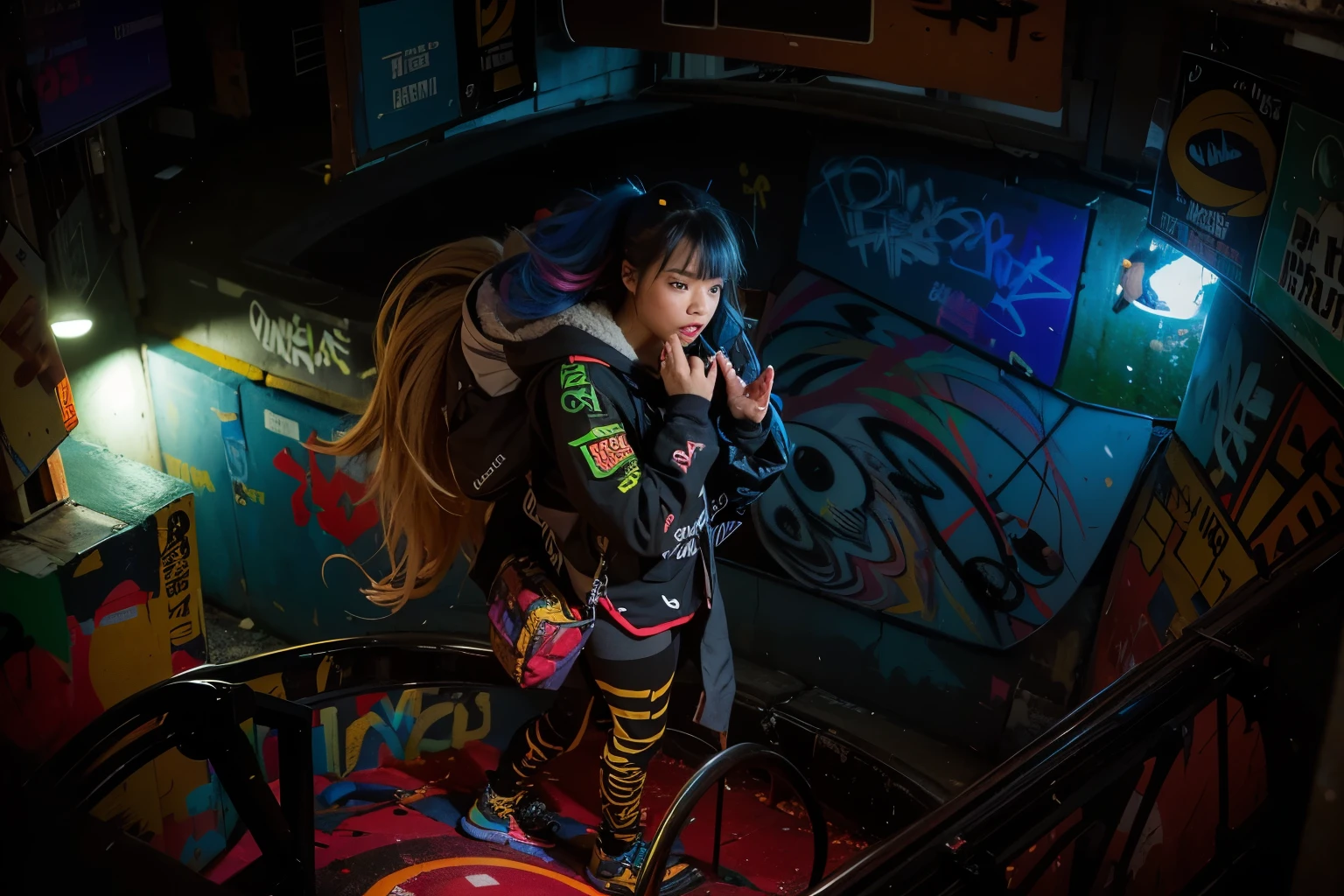 (Best quality, 8k, 32k, Masterpiece, UHD:1.2), "Transform the scene to feature two characters standing on a vibrant, creative ground covered with colorful graffiti. The ground beneath their feet is a canvas of dynamic street art, showcasing an explosion of colors, abstract designs, and intricate patterns. The graffiti is a mix of bold, swirling lines, vibrant splashes of paint, and detailed illustrations that convey a sense of urban culture and artistic expression.

The characters are positioned centrally, their presence highlighted by the vivid backdrop of the graffiti. The colors of the graffiti reflect off their clothing and faces, creating a lively and energetic atmosphere. Their expressions and stances should convey a sense of awe and appreciation for the art beneath them, as if they are part of the creative landscape.

The surrounding environment is urban, perhaps the setting of an open plaza or a wide alleyway, where the ground art extends in all directions. Capture the contrast between the static nature of the characters and the dynamic, fluid feel of the graffiti. The scene should evoke a sense of creativity and the blending of human presence with artistic expression, highlighting the beauty and spontaneity of street art." ((looking up)) ((seeing down))