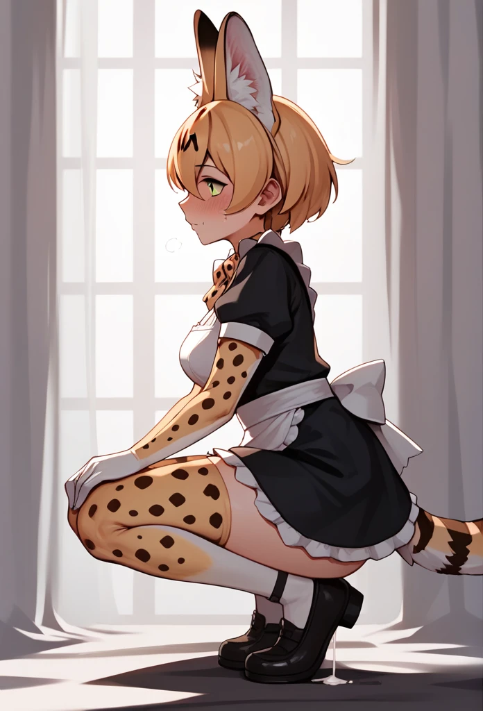 Score_9, Score_8_up, Score_7_up, Score_6_up, Score_5_up, Score_4_up, source_anime, 1girl, nsfw, maid, after sex, servalkemono, scat, serval ears, cum, squatting, cumdrip, from side