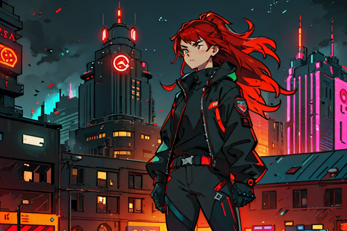 ((Best quality)) ((Detailed)) A cinematographic scene of a serious badass long red hair girl with black techwear clothes, Neon lights and buildings background