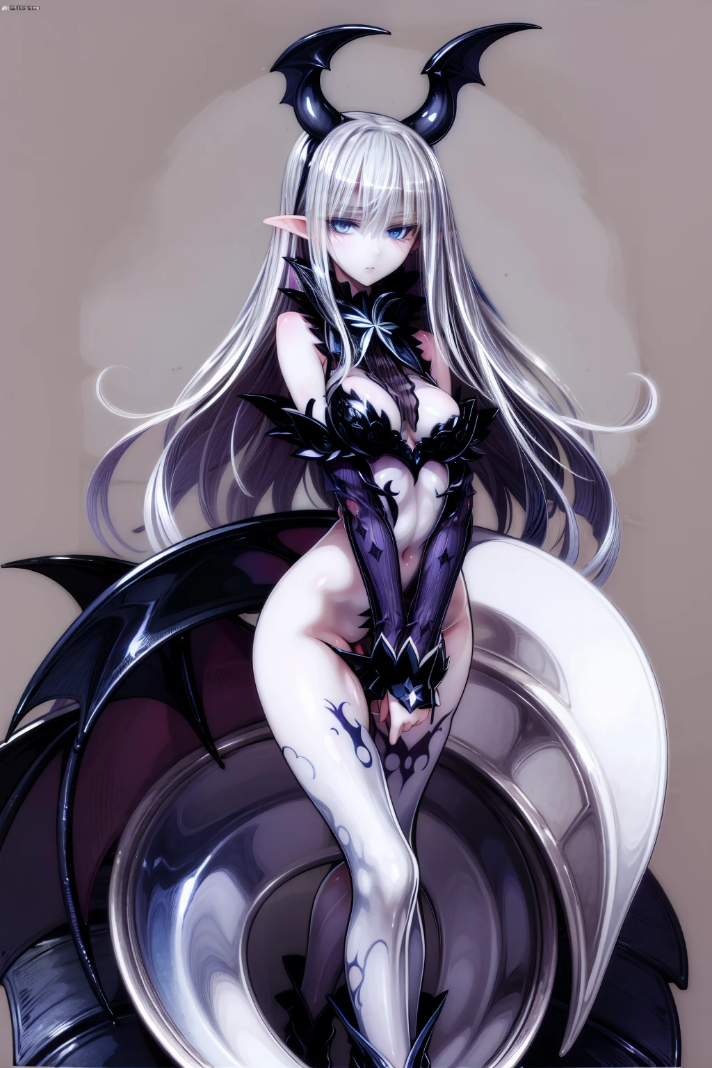 (((1 demoness))), ((detailed blue eyes)), ((long silver hair)), large breasts, perfectly drawn body, seductive, black bra, black panties, perfect butt, rear view, backside view, best quality, masterpiece, ultra-detailed