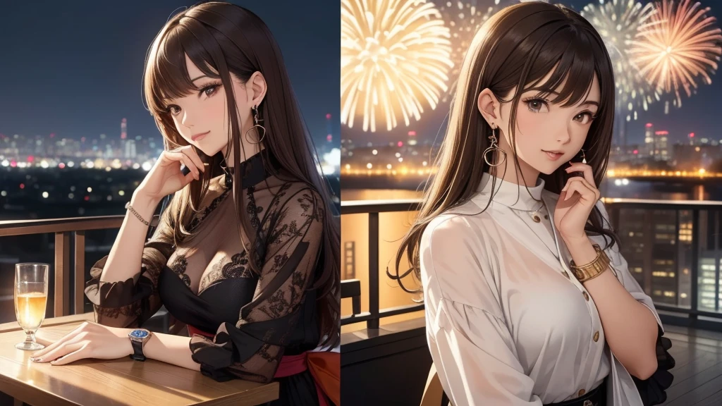 (Super detailed,High resolution,masterpiece:1.2)Night view from a balcony or terrace of a high-rise apartment, You can see big fireworks。View of Japanese apartment buildings in the background. Focus on women in their 20s to 40s with calm expressions. Light Brown Hair. She is wearing a jacket over a long-sleeved top.、Accessorized with earrings, bracelet, watch. It showcases the woman's appearance and the architectural details of the surrounding buildings..(Highest quality:1.2), Super detailed, High resolution, Tabletop:1,2, Vibrant colors, Bokeh, Professional Lighting, Physically Based Rendering, Flat Color:0.8, Fine 図, Realistic:1.37, Shinkai Makoto style, Your name style, Light brown hair, Elegant update,ponytail,Bun Hair。(masterpiece: 1,2)、(masterpiece: 1,2)、High resolution、Ultra high definition、Highest quality、High resolution、
