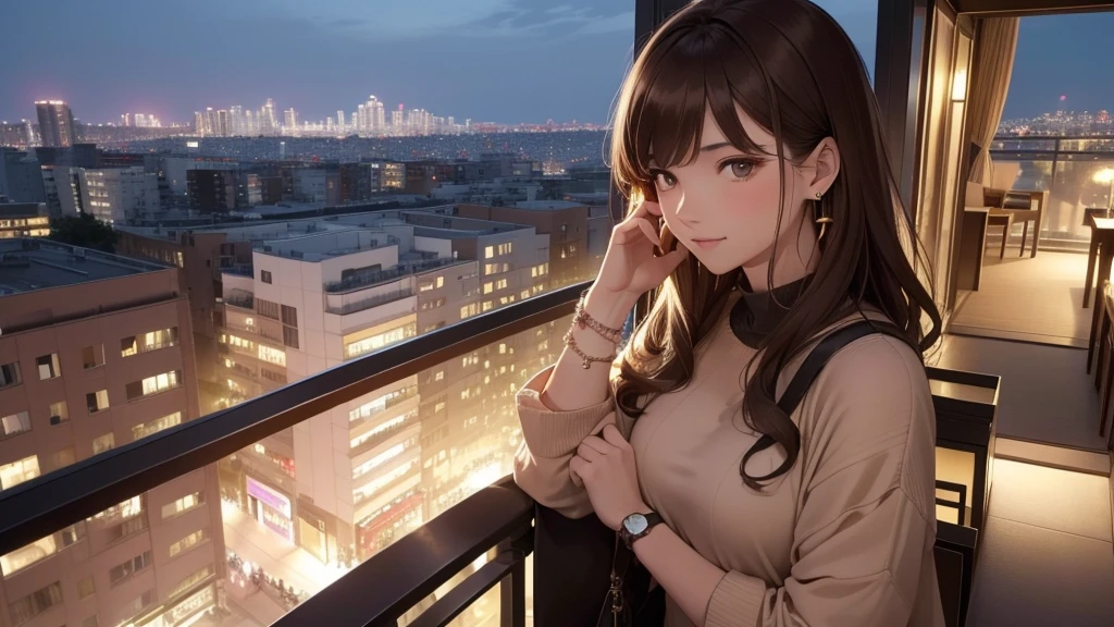 (Super detailed,High resolution,masterpiece:1.2)Night view from a balcony or terrace of a high-rise apartment, You can see big fireworks。View of Japanese apartment buildings in the background. Focus on women in their 20s to 40s with calm expressions. Light Brown Hair. She is wearing a jacket over a long-sleeved top.、Accessorized with earrings, bracelet, watch. It showcases the woman's appearance and the architectural details of the surrounding buildings..(Highest quality:1.2), Super detailed, High resolution, Tabletop:1,2, Vibrant colors, Bokeh, Professional Lighting, Physically Based Rendering, Flat Color:0.8, Fine 図, Realistic:1.37, Shinkai Makoto style, Your name style, Light brown hair, Elegant update,ponytail,Bun Hair。(masterpiece: 1,2)、(masterpiece: 1,2)、High resolution、Ultra high definition、Highest quality、High resolution、
