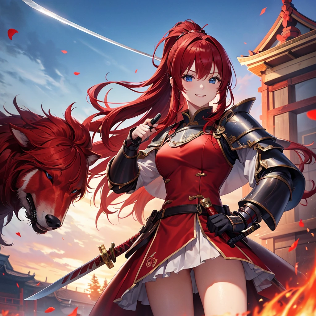 (masterpiece)、high resolution、21-year-old beauty、Red hair in a ponytail、blue eyes、female knight in red armor、An inappropriate smile、Holding a Japanese sword、With a big wolf by his side。