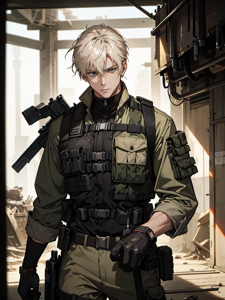 mercenary, male focus,  load-bearing vest, ammunition belt, Dangerous atmosphere, warzone, free hands