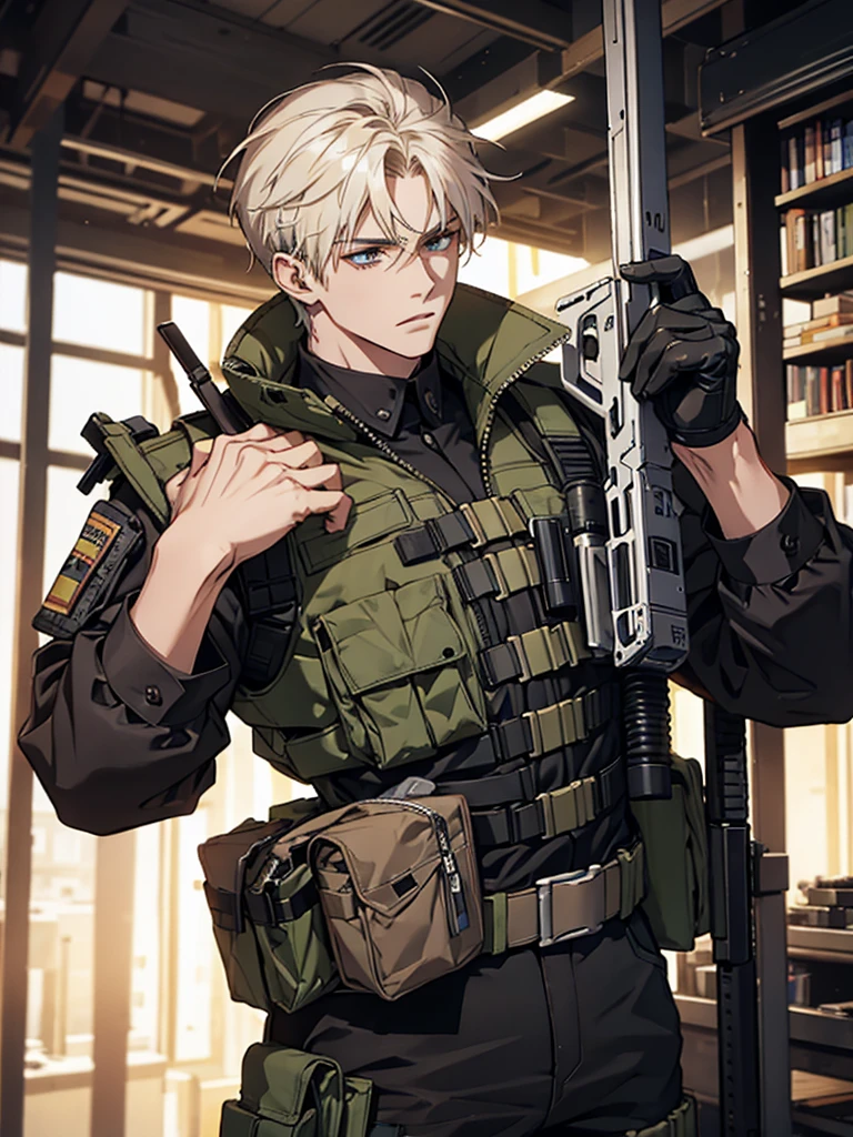 mercenary, male focus, load-bearing vest, ammunition belt, Dangerous atmosphere, warzone, free hands