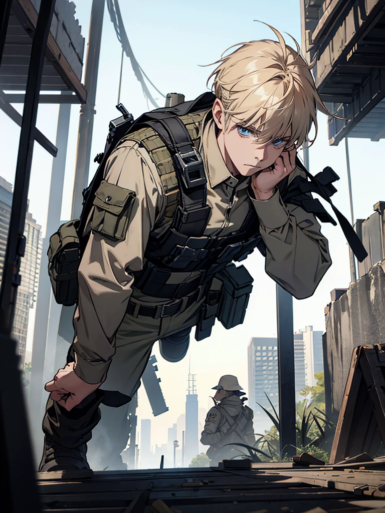 mercenary, male focus, load-bearing vest, ammunition belt, Dangerous atmosphere, warzone, free hands