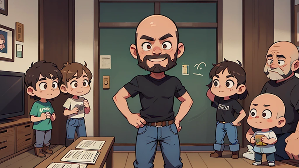 ultra hd, solo, chibi, bald man, tall lean, brown eyes, narrow face, no hair on head, full black beard, wearing a gray t-shirt and jeans with cowboy boots standing, half smiling