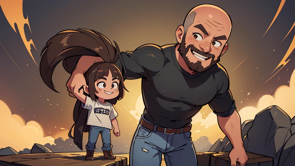 ultra hd, solo, chibi, bald man, tall lean, brown eyes, narrow face, no hair on head, full black beard, wearing a gray t-shirt and jeans with cowboy boots standing, half smiling