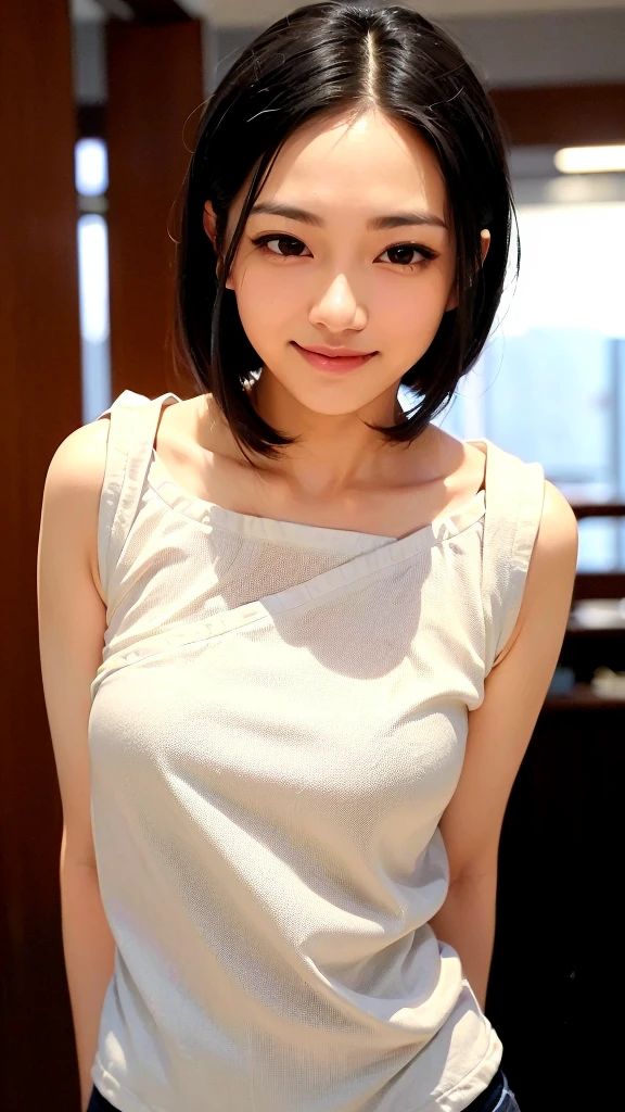 Top quality, 1 beautiful woman, super short Hair, Giddy Smile, wearing Blouse, Close Up