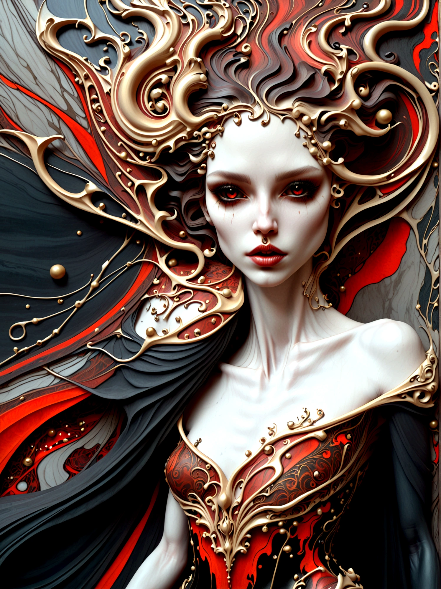 a beautiful illustration of a vampire woman made from an abstract marble texture, with colors of black, red and gold, highly detailed, intricate design, marble material, BY Anne Bachelier,