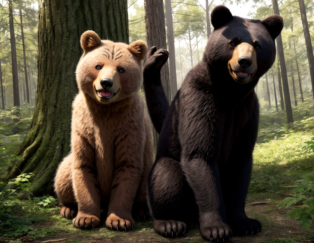 Dense forest, early afternoon.]
"The Selfie Cat and the Hungry Bear"]
Cat taking a selfie with one paw raised.]
 (Smiling) Perfect shot!
Bear hiding behind a tree, looking irritated and hungry.]
 (Growling) Hey, cat! What are you doing in my forest?
 (Startled) Just taking selfies! How about a deal? We take a selfie together, and you get famous!
Cat and Bear posing for a selfie.]
 (Checking photo) You look amazing, Mr. Bear!
 (Smiling) Not bad. But next time, bring some food!
Cat running away, Bear shaking his head with a small smile.]
"The End"]
