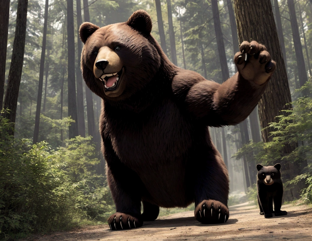 Dense forest, early afternoon.]
"The Selfie Cat and the Hungry Bear"]
Cat taking a selfie with one paw raised.]
 (Smiling) Perfect shot!
Bear hiding behind a tree, looking irritated and hungry.]
 (Growling) Hey, cat! What are you doing in my forest?
 (Startled) Just taking selfies! How about a deal? We take a selfie together, and you get famous!
Cat and Bear posing for a selfie.]
 (Checking photo) You look amazing, Mr. Bear!
 (Smiling) Not bad. But next time, bring some food!
Cat running away, Bear shaking his head with a small smile.]
"The End"]
