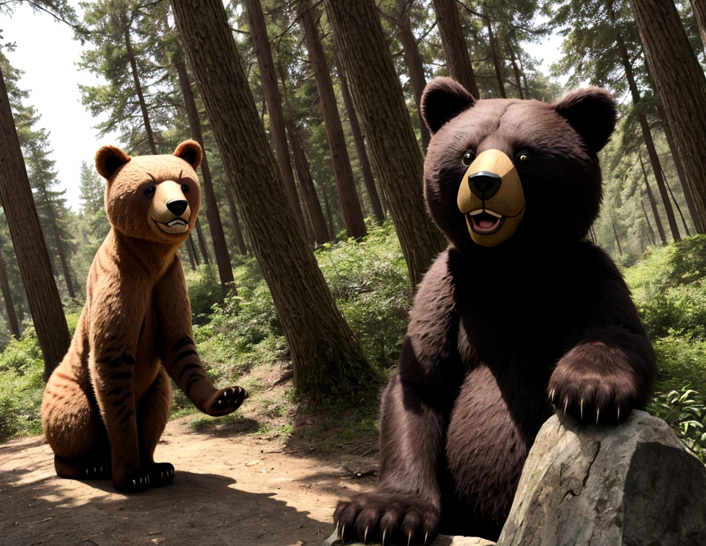 Dense forest, early afternoon.]
"The Selfie Cat and the Hungry Bear"]
Cat taking a selfie with one paw raised.]
 (Smiling) Perfect shot!
Bear hiding behind a tree, looking irritated and hungry.]
 (Growling) Hey, cat! What are you doing in my forest?
 (Startled) Just taking selfies! How about a deal? We take a selfie together, and you get famous!
Cat and Bear posing for a selfie.]
 (Checking photo) You look amazing, Mr. Bear!
 (Smiling) Not bad. But next time, bring some food!
Cat running away, Bear shaking his head with a small smile.]
"The End"]
