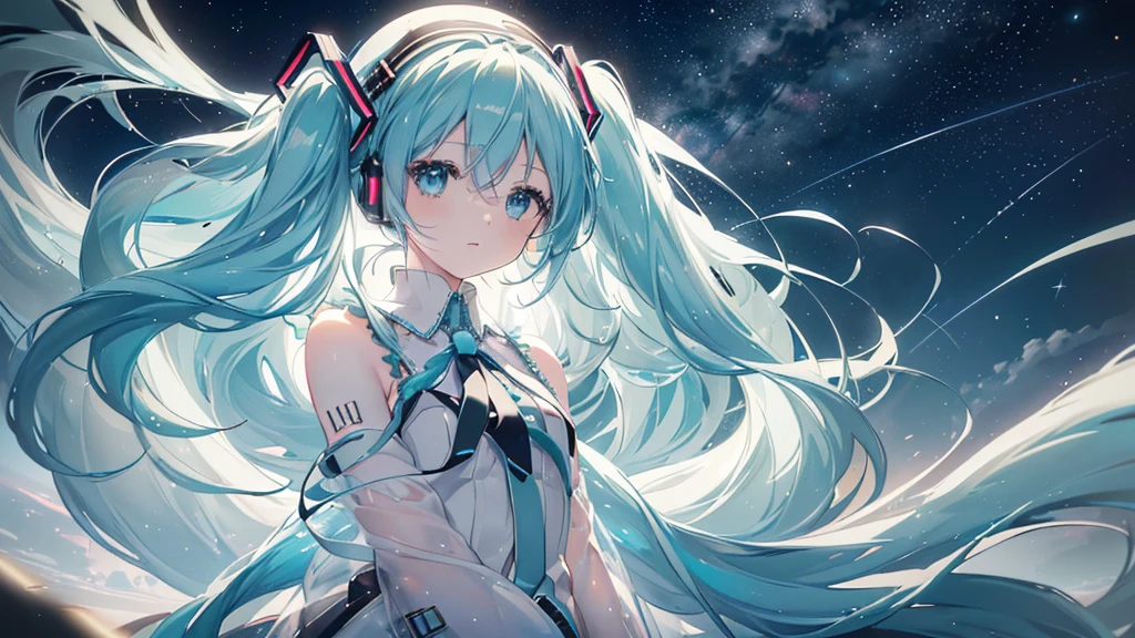 (Starry Sky), ((Beautiful eyes)), (((Hatsune Miku))), (((Highest quality、masterpiece、Ultra-fine、Ultra-fine、Exquisite、16K、Full HD,))) 、Long eyelashes、White skin、(thin and long)、 ((cute)) ((One person)),Zoom out,(A magnificent composition、epic proportion)、Dynamic lighting、