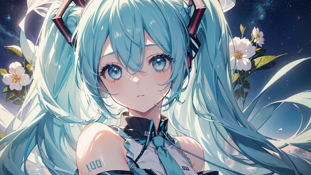 (Starry Sky), ((Beautiful eyes)), (((Hatsune Miku))), (((Highest quality、masterpiece、Ultra-fine、Ultra-fine、Exquisite、16K、Full HD,))) 、Long eyelashes、White skin、(thin and long)、 ((cute)) ((One person)),Zoom out,(A magnificent composition、epic proportion)、Dynamic lighting、