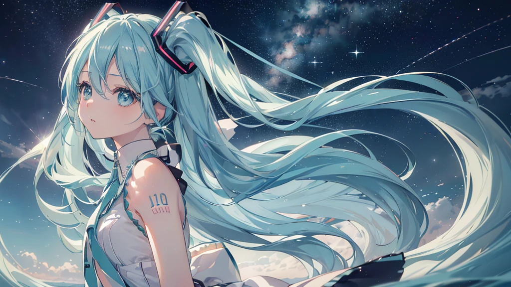 (Starry Sky), ((Beautiful eyes)), (((Hatsune Miku))), (((Highest quality、masterpiece、Ultra-fine、Ultra-fine、Exquisite、16K、Full HD,))) 、Long eyelashes、White skin、(thin and long)、 ((cute)) ((One person)),Zoom out,(A magnificent composition、epic proportion)、Dynamic lighting、