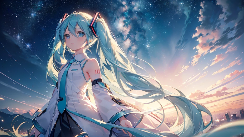 (Starry Sky), ((Beautiful eyes)), (((Hatsune Miku))), (((Highest quality、masterpiece、Ultra-fine、Ultra-fine、Exquisite、16K、Full HD,))) 、Long eyelashes、White skin、(thin and long)、 ((cute)) ((One person)),Zoom out,(A magnificent composition、epic proportion)、Dynamic lighting、