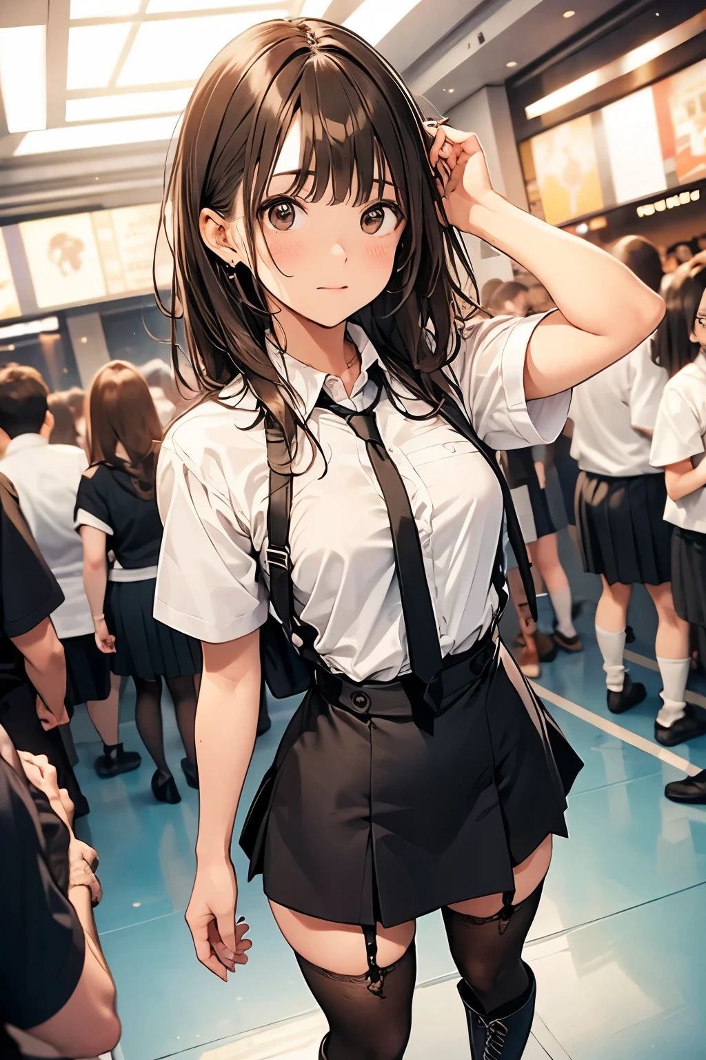 Brown Hair、Looking at the audience　　suspenders　　　bulging big breasts　　 　 　　　　Black mini skirt　garter belt　Knee-high socks　　　　　　sight　　　Small face　bangs 　　　　　beauty　　Show your hand　　 　sight 　Black boots 　Taunt　　Armpit sweat　One person 　　Put your hands behind your back　Dress shirt　　Panty shot