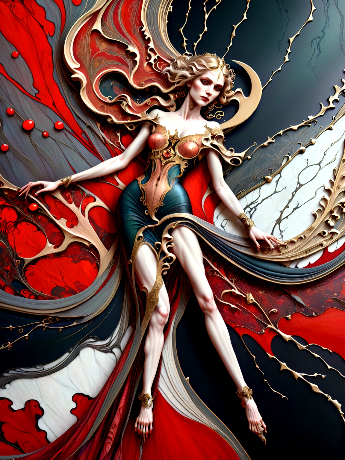a beautiful illustration of a vampire woman with glowing eyes in an abstract marble texture with a tarot style frame, with colors of obsidian black, shiny gold, and ruby red, highly detailed, intricate design, BY Anne Bachelier,