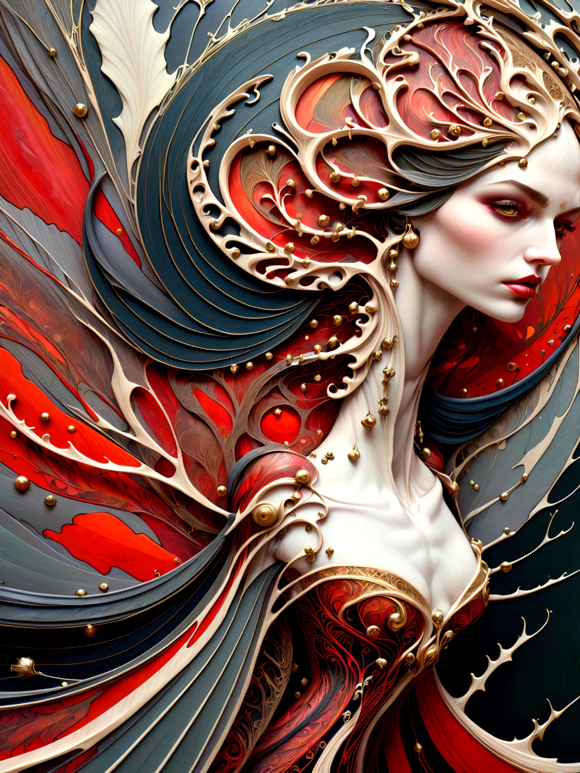 a beautiful illustration of a vampire woman made from an abstract marble texture, with colors of black, red and gold, highly detailed, intricate design, marble material, BY Anne Bachelier,