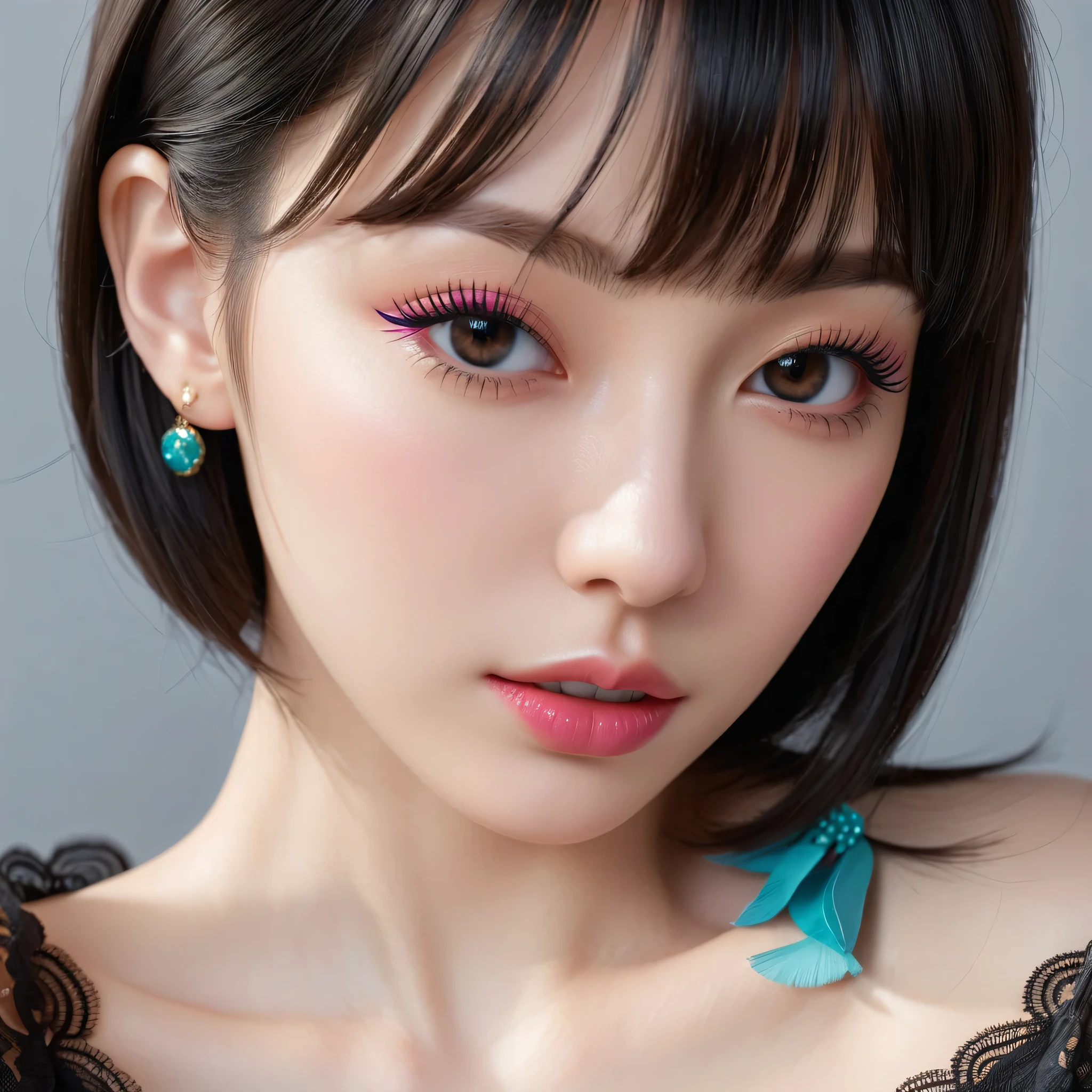 photorealistic Realism 16K Quality: ((Hyper details realistic black_eyes)), ((finely details pupils)), Perfect makeup, ((detailed symmetrical lips)), ((V-line jaw)), pink_lipstick, (Hyper detailed eyelashes), ((perfect dark_eyeshadows)), (Detailed nose:1.2), (perfect composition), ((pale skin)), (dry skin), 16K resolution, intricate, elegant, highly detailed, The attention to detail, Double eyelids, Wear an off-the-shoulder top, full bodyesbian, (((light dark short ((side swept bangs)), extremely detailed))), (black lacy), ((in kneeling position:1.3)), ((leaning forward)), (Erotic), (sharp focus), (((turn back, back shot:1.3))), ((from below:1.3)), (looking at viewer), ((hyper realistic, 8k, vibrant colors, sharp crisp image))