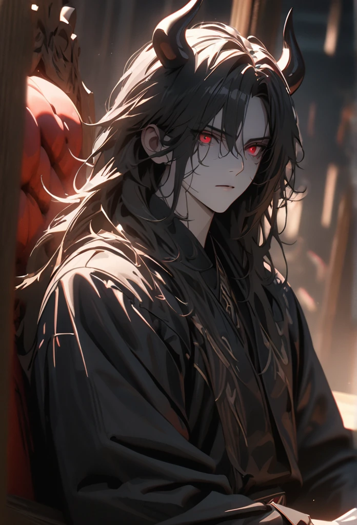 (solo), masculine, black hair, messy hair, mane hair, long hair, dense hair, wild hair, expressive hair, mature,(25 year old), pale skin, red eyes, ((man)), wearing a black robe, black demon horns,, serious, handsome, attractive, eye reflection, depth of field, thunder aura,cinematic lighting, ray tracing, depth of field, cinematic lighting, ray tracing, UHD, high details, best quality, highres, high quality, award winning, super detail, masterpiece, 8k, UHD, high details, best quality, highres, high quality, award winning, super detail, masterpiece, 8k, digital art, anime coloring, full body, body shot, good face, perfect face, detailed face, good eyes, sitting on a throne