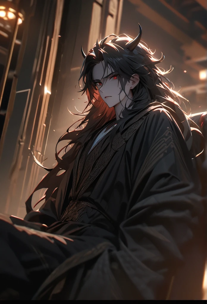 (solo), masculine, black hair, messy hair, mane hair, long hair, dense hair, wild hair, expressive hair, mature,(25 year old), pale skin, red eyes, ((man)), wearing a black robe, black demon horns,, serious, handsome, attractive, eye reflection, depth of field, thunder aura,cinematic lighting, ray tracing, depth of field, cinematic lighting, ray tracing, UHD, high details, best quality, highres, high quality, award winning, super detail, masterpiece, 8k, UHD, high details, best quality, highres, high quality, award winning, super detail, masterpiece, 8k, digital art, anime coloring, full body, body shot, good face, perfect face, detailed face, good eyes, sitting on a throne