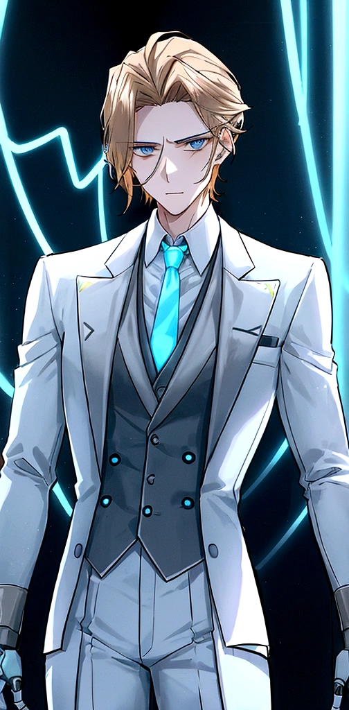 (masculine) (23 years) (a tall, slender young man with a muscular and toned body, His hair is light brown and is messy, covering his forehead., His eyes are blue and his skin is light-skinned..) (robotic body, fitted white suit with neon light blue details) (laboratory background, connected to wires in his neck)