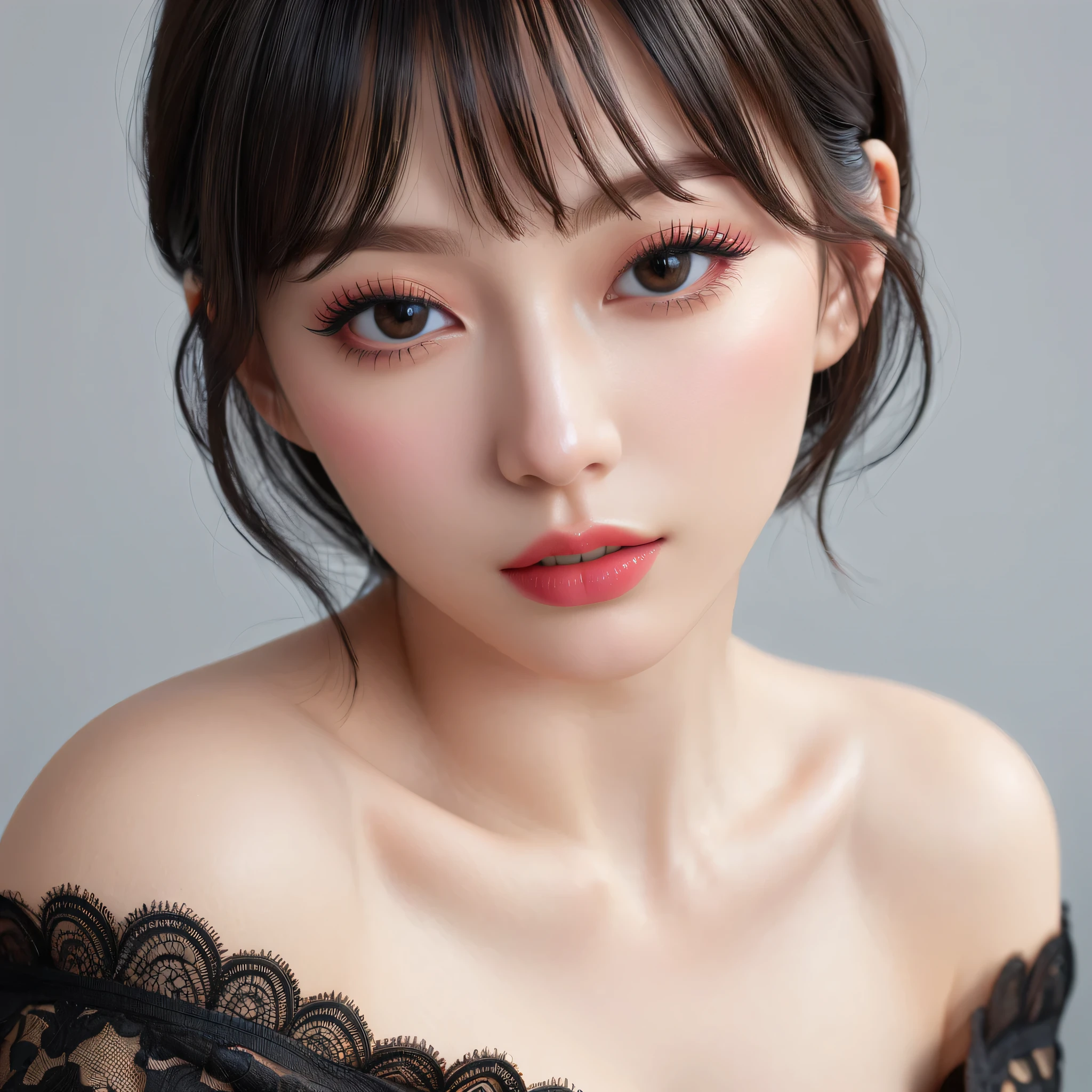 photorealistic Realism 16K Quality: ((Hyper details realistic black_eyes)), ((finely details pupils)), Perfect makeup, ((detailed symmetrical lips)), ((V-line jaw)), pink_lipstick, (Hyper detailed eyelashes), ((perfect dark_eyeshadows)), (Detailed nose:1.2), (perfect composition), ((pale skin)), (dry skin), 16K resolution, intricate, elegant, highly detailed, The attention to detail, Double eyelids, Wear an off-the-shoulder top, full bodyesbian, (((light dark short ((side swept bangs)), extremely detailed))), (black lacy), ((in kneeling position:1.3)), ((leaning forward)), (Erotic), (sharp focus), (((turn back, back shot:1.3))), ((from below:1.3)), (looking at viewer), ((hyper realistic, 8k, vibrant colors, sharp crisp image))