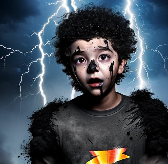 A boy gets electrocuted in a comedy movie, covered in soot and left in tatters by lightning in front of his friends.