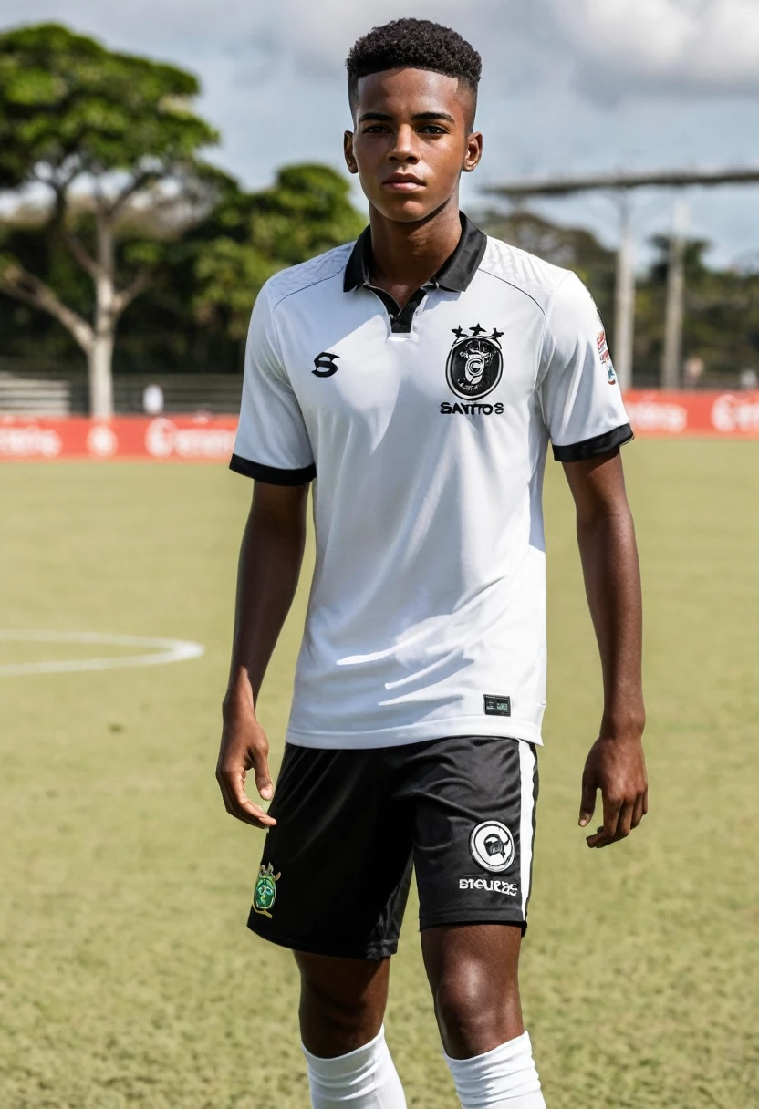 Create Antônio a young black man, promising player in Brazilian football aged 16, and who has just become a professional member of the SANTOS FC team
