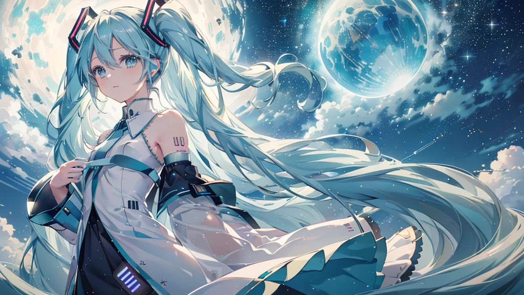 (Starry Sky), ((Beautiful eyes)), (((Hatsune Miku))), (((Highest quality、masterpiece、Ultra-fine、Ultra-fine、Exquisite、16K、Full HD,))) 、Long eyelashes、White skin、(thin and long)、 ((cute)) ((One person)),Zoom out,(A magnificent composition、epic proportion)、Dynamic lighting、