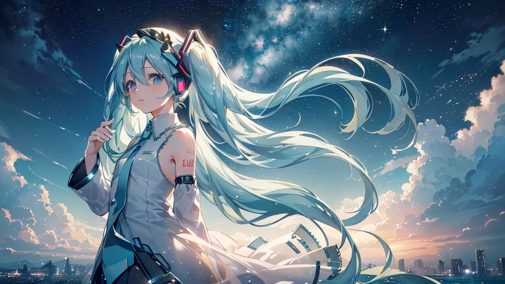 (Starry Sky), ((Beautiful eyes)), (((Hatsune Miku))), (((Highest quality、masterpiece、Ultra-fine、Ultra-fine、Exquisite、16K、Full HD,))) 、Long eyelashes、White skin、(thin and long)、 ((cute)) ((One person)),Zoom out,(A magnificent composition、epic proportion)、Dynamic lighting、