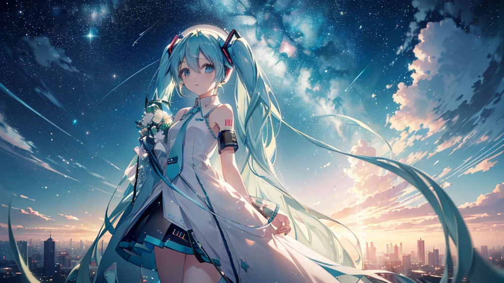 (Starry Sky), ((Beautiful eyes)), (((Hatsune Miku))), (((Highest quality、masterpiece、Ultra-fine、Ultra-fine、Exquisite、16K、Full HD,))) 、Long eyelashes、White skin、(thin and long)、 ((cute)) ((One person)),Zoom out,(A magnificent composition、epic proportion)、Dynamic lighting、