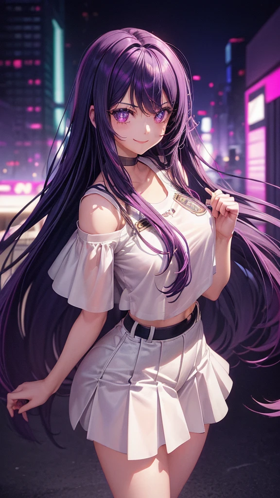 1 girl, 19 years old, Long purple hair, purple eyes with slit pupils, master-piece, best quality, (standing up), (white buttoned crop blouse), (tight short sleeve white crop blouse, black pencil mini skirt, cleavage),  (Big , ultra gigantic , Super super big, Glamorous body), Make eye contact with the camera, front figure, looking forward, (light_Smile:1.5), (Detailed hands and fingers:1.2) (Cyberpunk City), (FULL BODYSHOT), thighs thighs thighs thighs、beauty legs、Bare legs