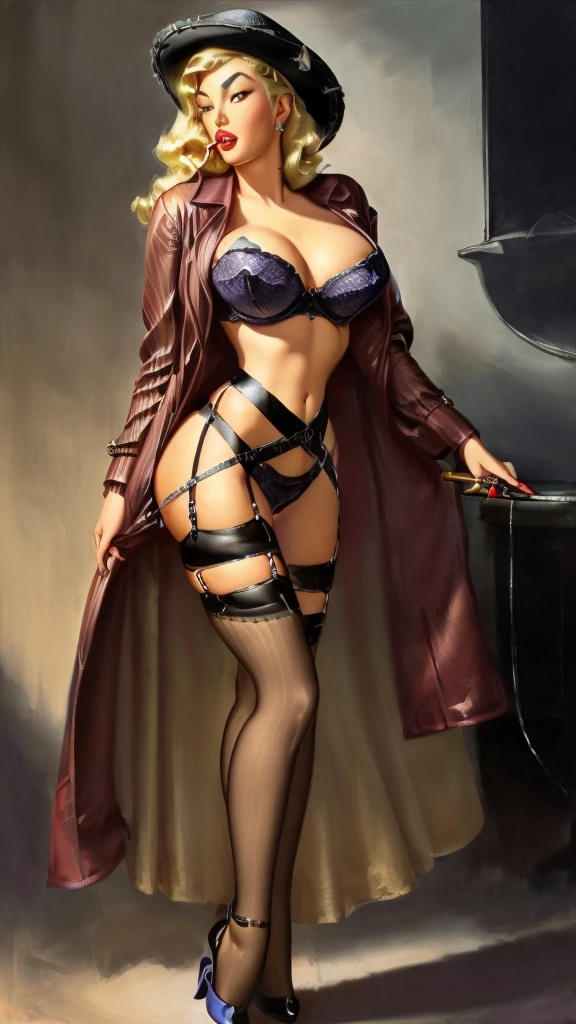 (highly realistic), (global illumination), (ray tracing), ((Gil Elvgren)), (illustrated style), ((highly detailed faces)), (8k resolution), pale blue eyes, (hyper realistic), (photorealistic: 1.4), (blonde Ava Gardner: 1.4), purple eyeshadow, (gorgeous blonde bimbo wearing black pinstriped lingerie and garter and wearing a trenchcoat and a fedora hat), (beige Burberry overcoat: 1.2), (stiletto heels), flashing black underwear, (trilby hat), (thick plump fake lips: 1.5), (nipples), (bare chest), (braless), (topless), ((hands touching bra: 1.2)), (Russian lip filler: 1.4), (slim stomach), ((underboob visible: 1.3)), female mafioso, (black silver pinstriped underwear: 1.4), ominous dark noir atmosphere, chiaroscuro, (very wide hips), (cigar in mouth: 1.2), (ultra slim stomach), (garter and stockings), (thick thighs), dark very smoky atmosphere, cigar, (smoking a cigar)