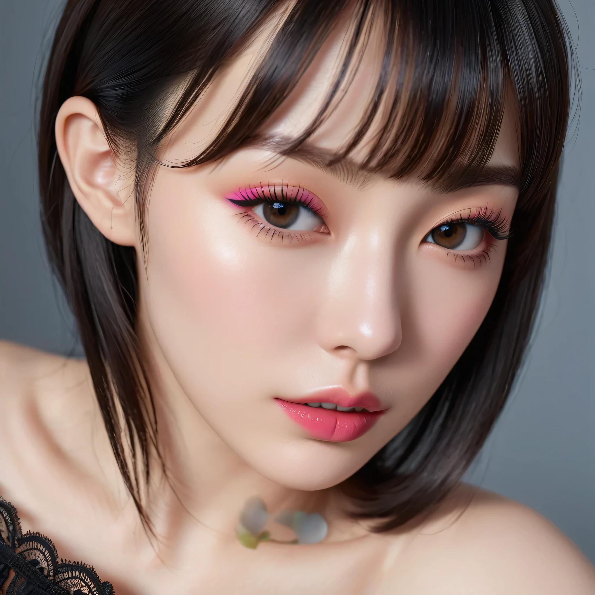 photorealistic Realism 16K Quality: ((Hyper details realistic black_eyes)), ((finely details pupils)), Perfect makeup, ((detailed symmetrical lips)), ((V-line jaw)), pink_lipstick, (Hyper detailed eyelashes), ((perfect dark_eyeshadows)), (Detailed nose:1.2), (perfect composition), ((pale skin)), (dry skin), 16K resolution, intricate, elegant, highly detailed, The attention to detail, Double eyelids, Wear an off-the-shoulder top, full bodyesbian, (((light dark short ((side swept bangs)), extremely detailed))), (black lacy), ((in kneeling position:1.3)), ((leaning forward)), (Erotic), (sharp focus), (((turn back, back shot:1.3))), ((from below:1.3)), (looking at viewer), ((hyper realistic, 8k, vibrant colors, sharp crisp image))