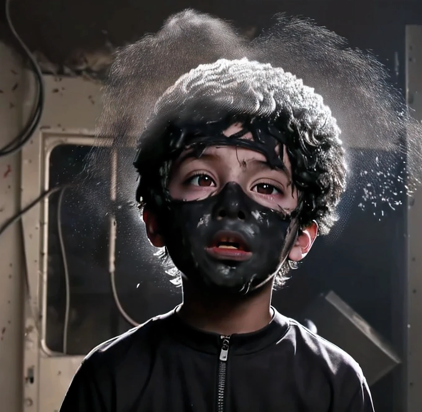 A boy covered in soot gets caught in an explosion during a comedy-drama explosion scene