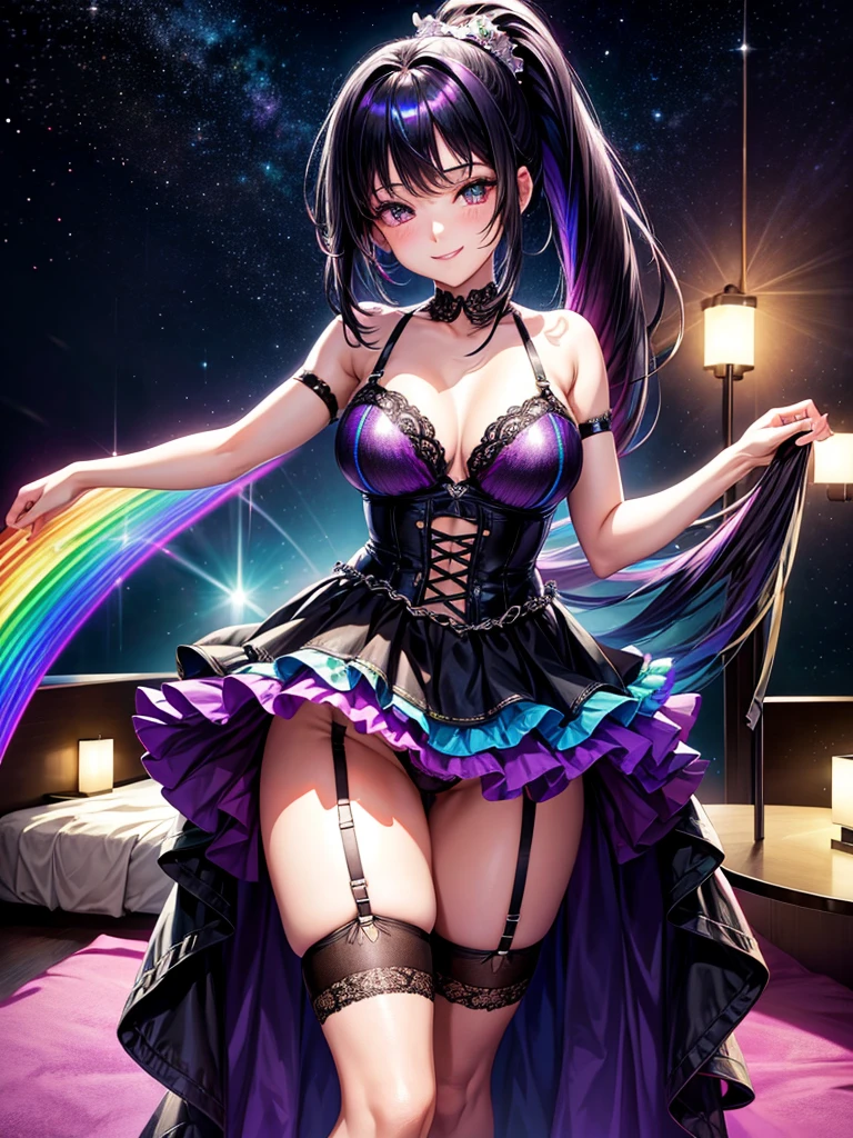 Highest quality,Highest Resolution,4K quality,Smiling beautiful girl,Full body close-up,Starry Eyes,Black hair ponytail,,Iridescent Bra,High leg,Rainbow garter belt,Rainbow colored knee-high stockings,Dark bedroom at night,Purple bedding,Iridescent underwear,Standing posture,