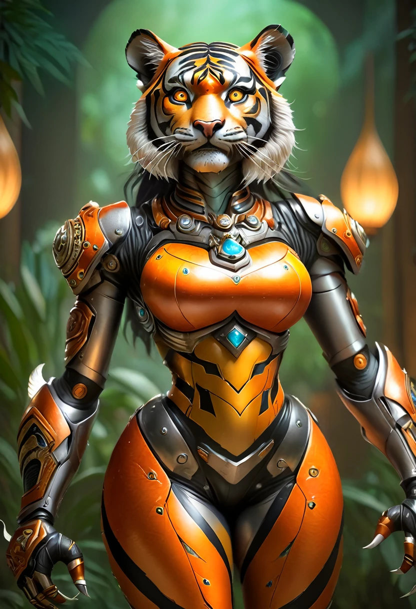 Create an realistic illustrated, hand-drawn, full-color image of an anthropomorphic tiger women. The artwork should be rendered in the style of "Breath of the Wild," featuring warm lighting and shadows. Include graphite shading, stencil marks, and airbrushed acrylic paint effects. dress. Long orange and black stripped hair. The image should be of the highest quality, a masterpiece with intricate details. The tiger women should have a female, humanoid, appearance. She should have luscious lips, a wide smile, and bright, expressive eyes, exuding beauty, cuteness, and adorableness. Ensure the image is high resolution and sharply detailed, with a detailed and vibrant background. Incorporate mystical lighting in the background, creating a romantic and enchanting atmosphere.