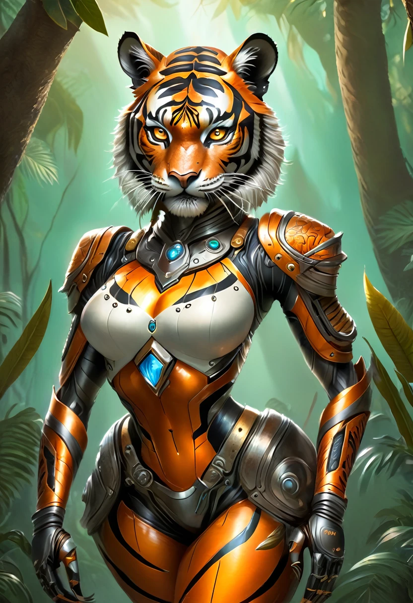 Create an realistic illustrated, hand-drawn, full-color image of an anthropomorphic tiger women. The artwork should be rendered in the style of "Breath of the Wild," featuring warm lighting and shadows. Include graphite shading, stencil marks, and airbrushed acrylic paint effects. dress. Long orange and black stripped hair. The image should be of the highest quality, a masterpiece with intricate details. The tiger women should have a female, humanoid, appearance. She should have luscious lips, a wide smile, and bright, expressive eyes, exuding beauty, cuteness, and adorableness. Ensure the image is high resolution and sharply detailed, with a detailed and vibrant background. Incorporate mystical lighting in the background, creating a romantic and enchanting atmosphere.