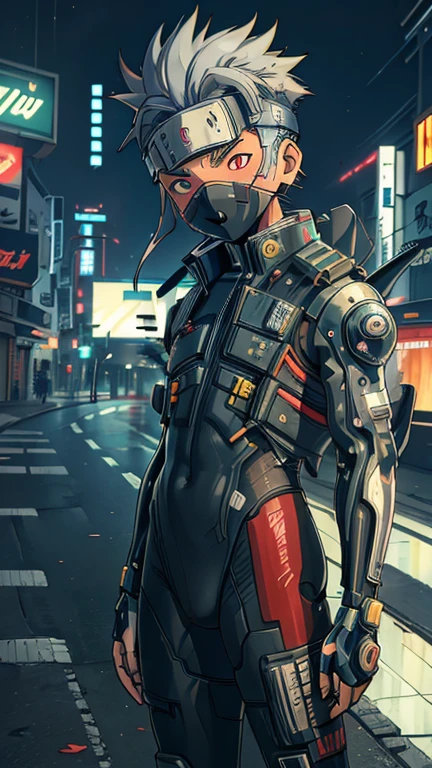 (8k),(masterpiece),(Japanese),(13-year-old boy),((innocent look)),((Childish)),From the front,smile,cute,Innocent,Kind eyes,Flat chest, Hatake Kakashi wearing Cyberpunk Bodysuit, Cyberpunk Mask, Short,Hair blowing in the wind, Silver Hair,Strong wind,night,dark, Neon light cyberpunk Konoha village