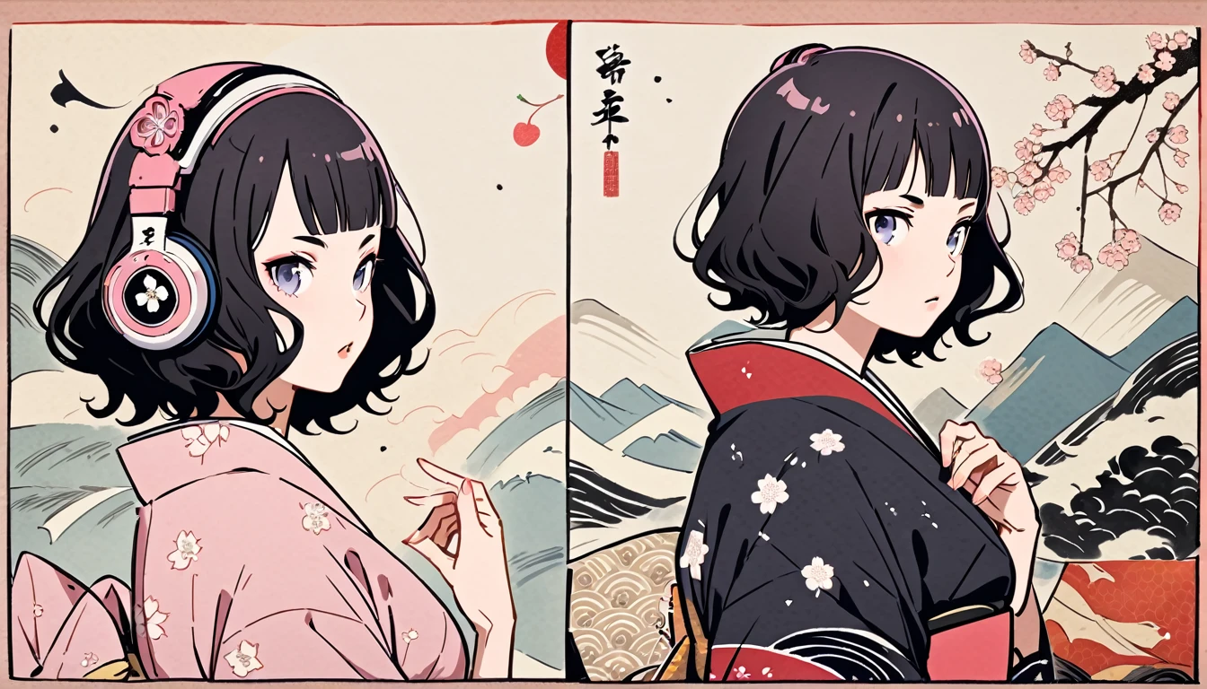 Highest quality, Katsushika Hokusai, Ink Painting, (((medium hair))), (((Pastel pink yukata))), Japanese style headphones, (((Cherry blossom))), beautiful girl, Black Hair, Delicate and precise, Modern ukiyo-e style,