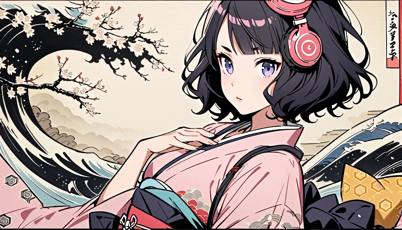 Highest quality, Katsushika Hokusai, Ink Painting, (((medium hair))), (((Pastel pink yukata))), Japanese style headphones, (((Cherry blossom))), beautiful girl, Black Hair, Delicate and precise, Modern ukiyo-e style,