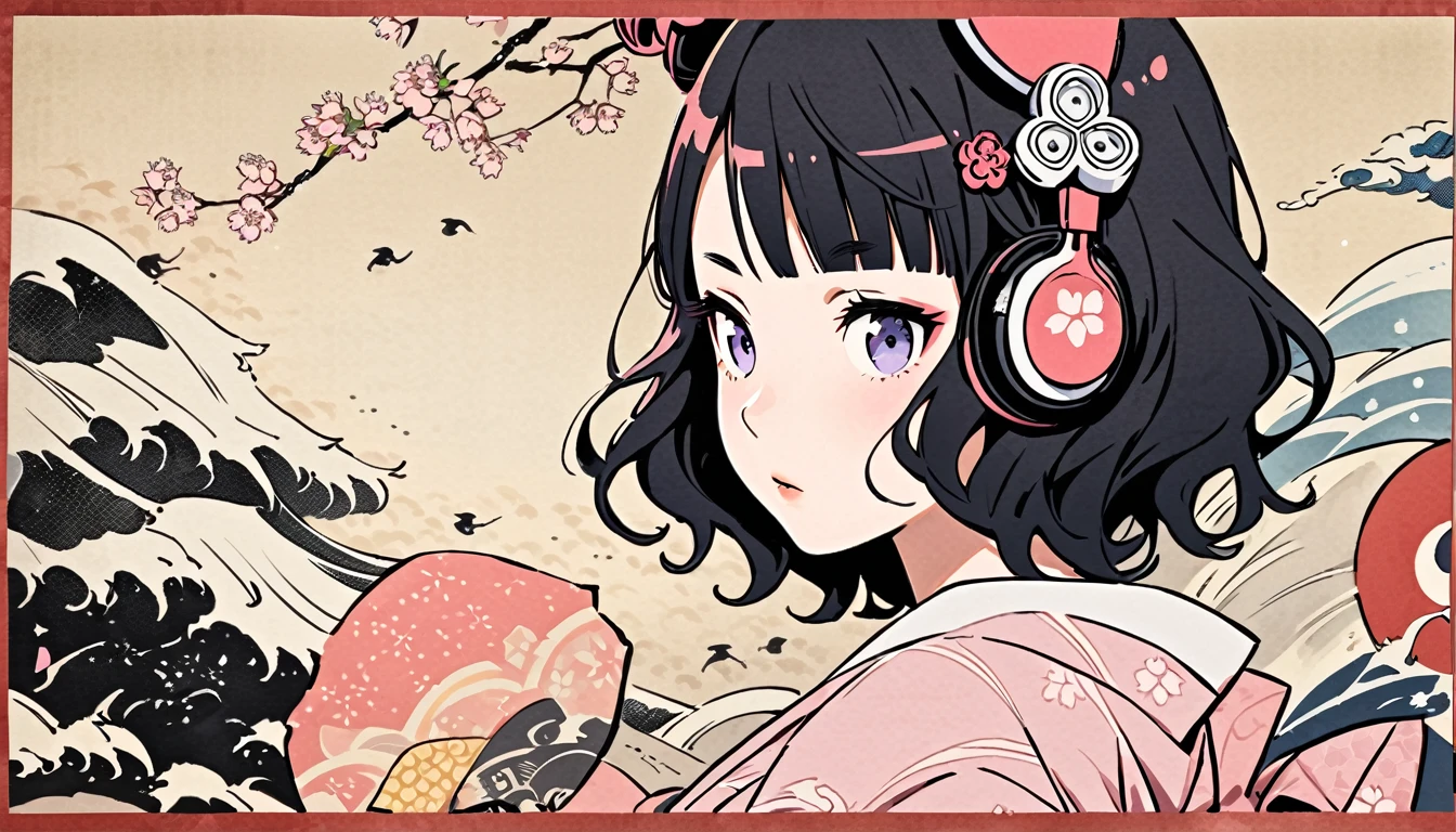 Highest quality, Katsushika Hokusai, Ink Painting, (((medium hair))), (((Pastel pink yukata))), Japanese style headphones, (((Cherry blossom))), beautiful girl, Black Hair, Delicate and precise, Modern ukiyo-e style,