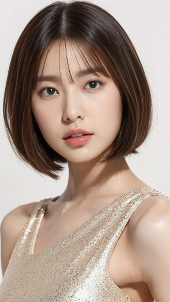Visual blockbuster on the theme of hairstyle, Chinese girl with short hair, fashionable clothing with light hair, Chinese girl looking frontally at the camera, without makeup highlighting the texture and pores of facial skin, full color picture, close up - white solid background